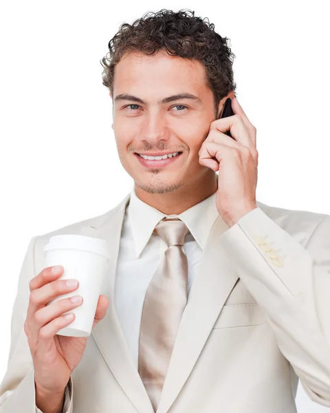 Telefon bir kahve içmek işkadını — Stok fotoğraf