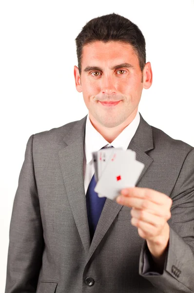 Geschäftsmann mit Pokerkarten-Assen — Stockfoto