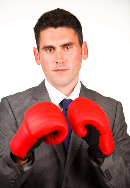 Empresario serio con guantes de boxeo — Stok fotoğraf