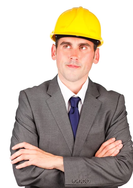 Thoughtful architect wearing a hard hat — Stock Photo, Image