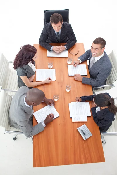 High Angle of businessteam having a meeting — Stockfoto