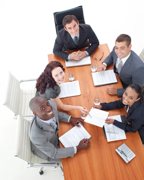 High Angle of happy business in a meeting — Stockfoto