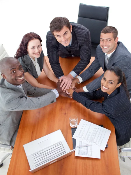 High angle of business with hands together — Stock Photo, Image