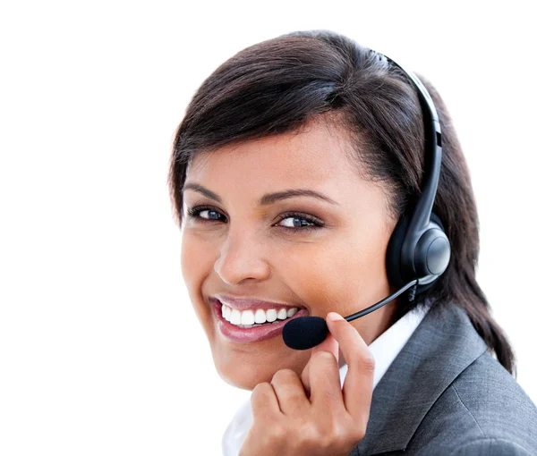 Portrait of a female manager with headset on — Stock Photo, Image