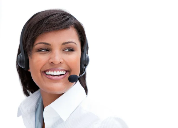 Portrait of a laughing businesswoman with headset on — Stock Photo, Image