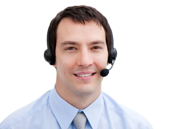 Portret van een glimlachende zakenman met hoofdtelefoon op — Stockfoto