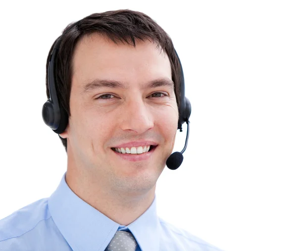 Portrait of an assertive businessman with headset on — Stock Photo, Image