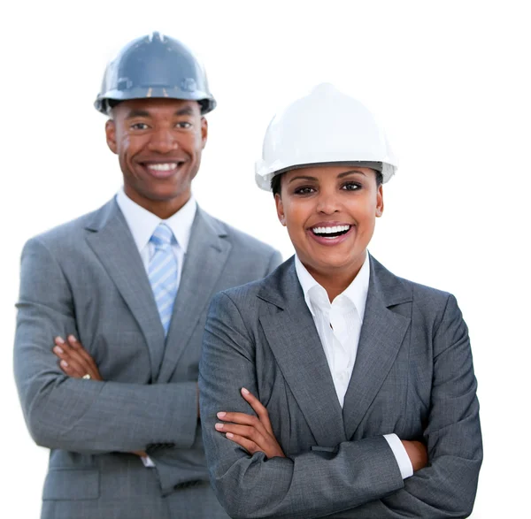 Portrait of two ethnic architects with crossed arms — Stock Photo, Image