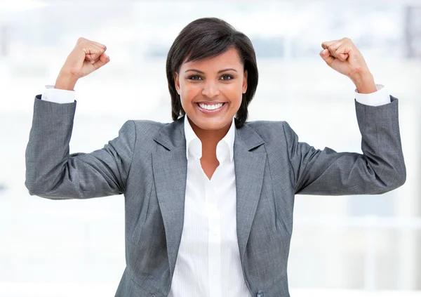 Fortunate businesswoman celebrating success — Stock Photo, Image