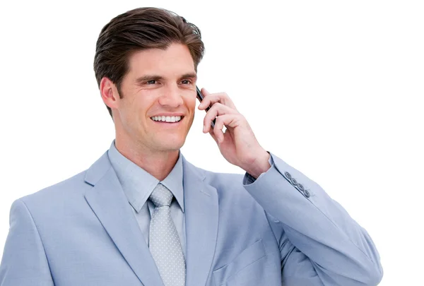 Πορτρέτο ενός χαρούμενα επιχειρηματία που μιλάει στο τηλέφωνο — Φωτογραφία Αρχείου
