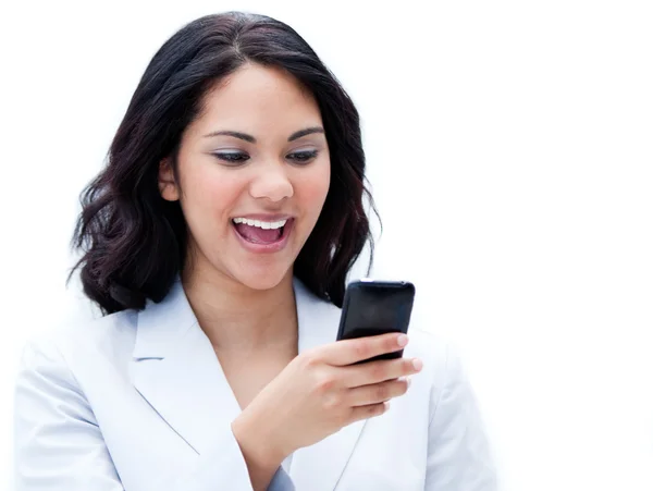 Portrait of a jolly businesswoman sending a text — Stock Photo, Image