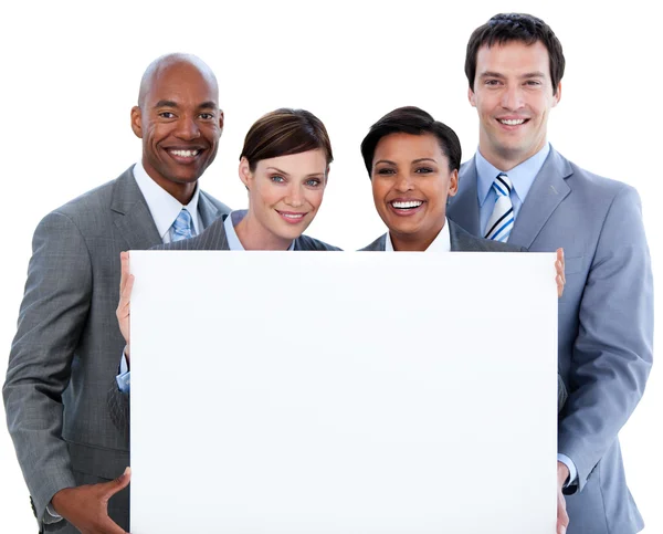 Happy business laget som innehar ett vitt kort — Stockfoto