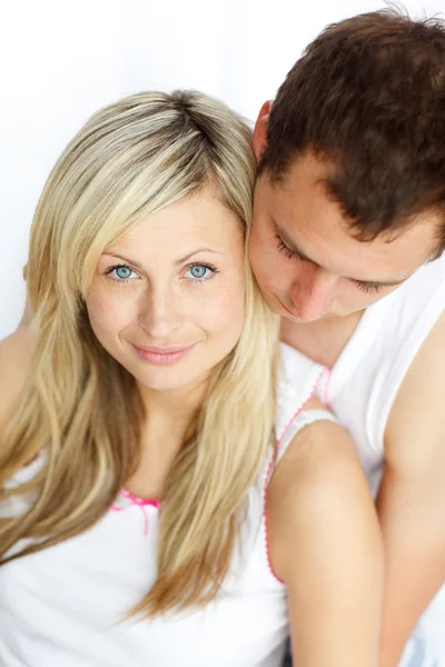 Cheerful woman sitting with her boyfriend — Stock Photo, Image