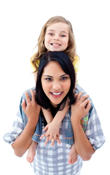 Happy mother giving her little girl piggyback ride — Stock Photo, Image