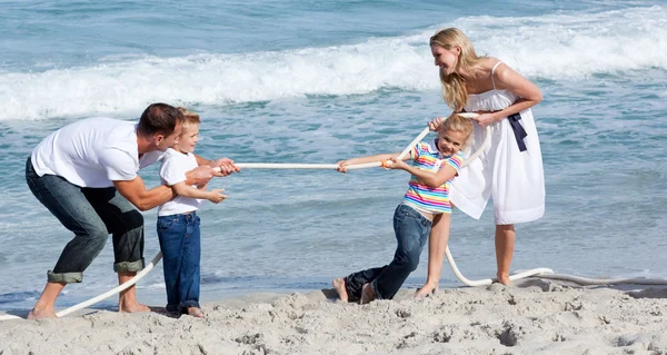 Levendige familie spelen touwtrekken — Stockfoto