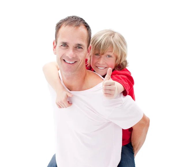 Blond little boy enjoying piggyback ride with his father — Stock Photo, Image