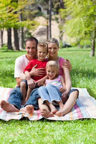 Retrato de una familia sonriente haciendo un picnic — Foto de Stock