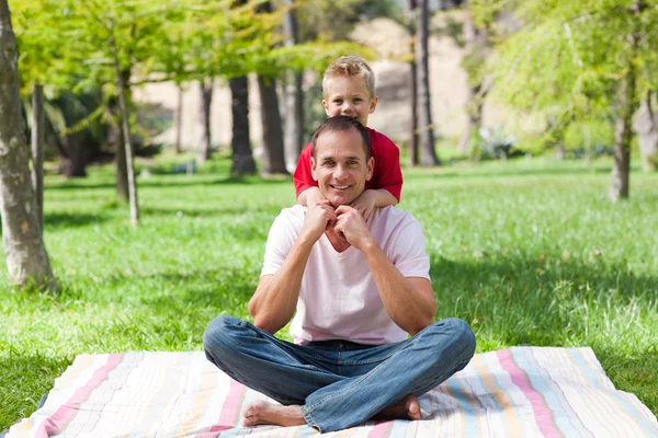 Vater und Sohn amüsieren sich beim Picknick — Stockfoto