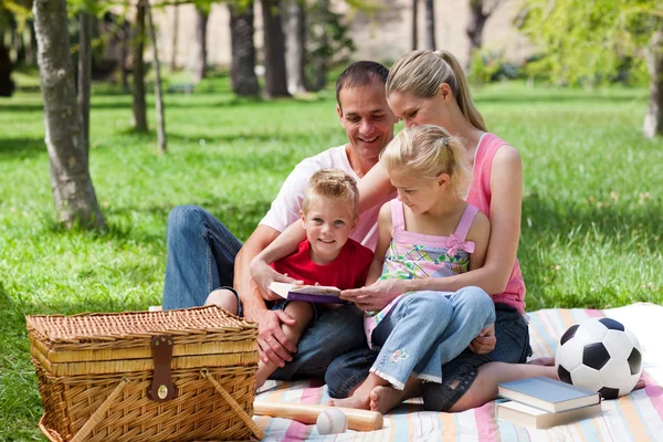 Familia joven relajándose mientras hace un picnic — Foto de Stock