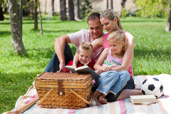 Szczęśliwa rodzina czytanie w parku — Zdjęcie stockowe