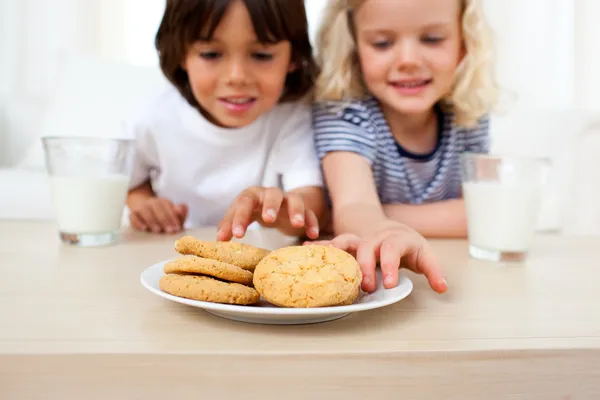 Imádnivaló testvérek, eszik a kekszet — Stock Fotó