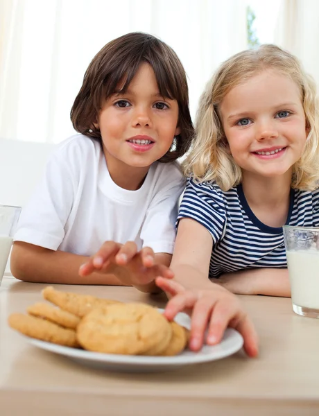 Cute siblings eating biscuits — Stock Photo, Image