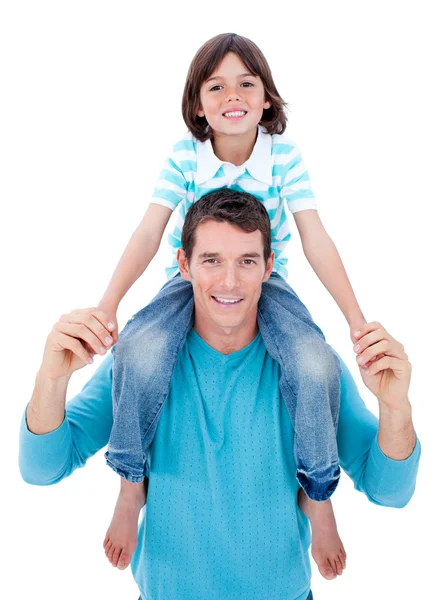 Tender chil enjoying piggyback ride with his father — Stock Photo, Image