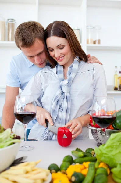 Intimate couple preparing dinner — Stock Photo, Image
