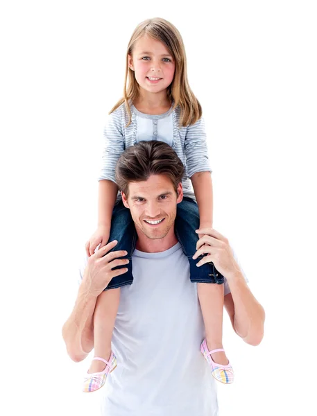 Elegant father giving his daughter piggyback ride — Stock Photo, Image