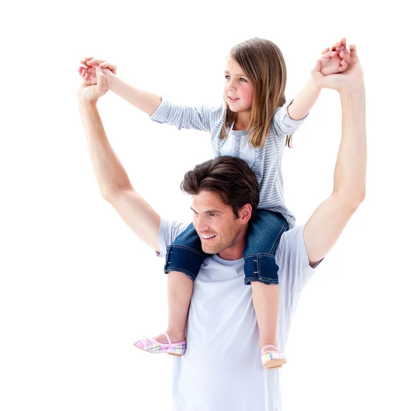 Charmante vader die zijn dochter piggyback rijden — Stockfoto