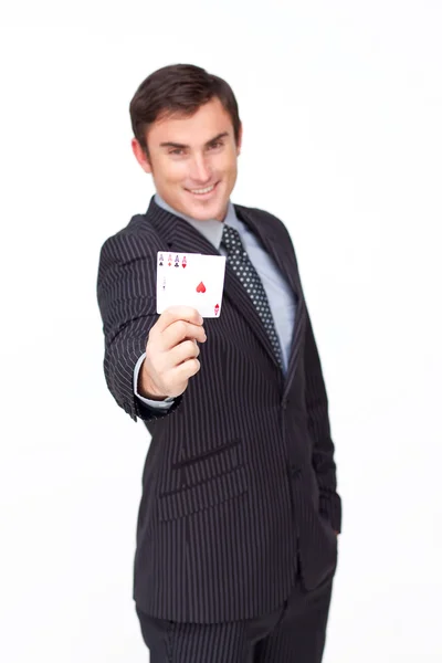 Attractive businessman holding four aces — Stock Photo, Image