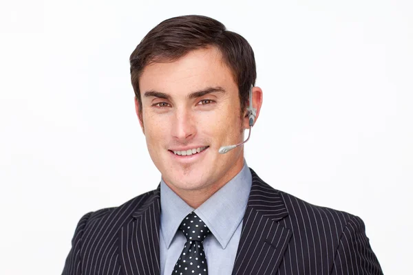 Atraktivní podnikatel s mikrofonem na — Stock fotografie