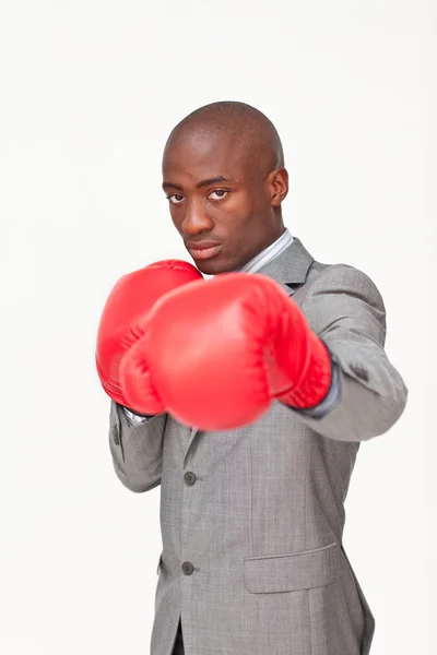 Afro-American businessman boxing — Stock Photo, Image