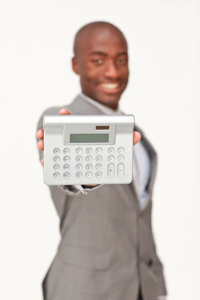 商人持有一个计算器。财务 — 图库照片