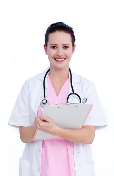 Portrait a positive female doctor writing notes — Stock Photo, Image