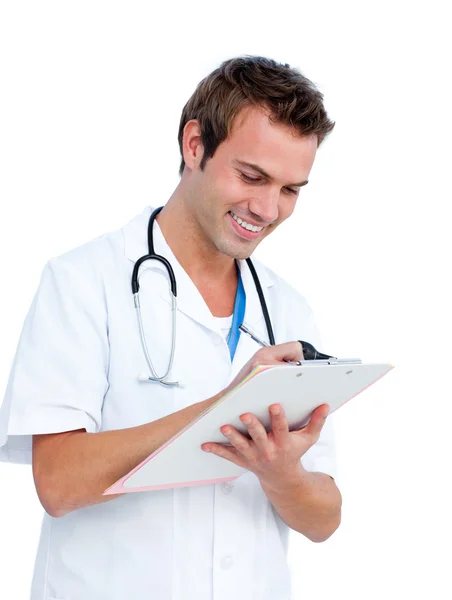 Portrait an assertive male doctor writing notes — Stock Photo, Image