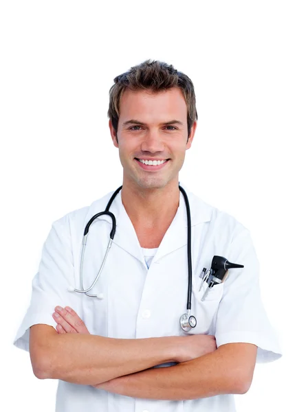 Portret van een Kaukasische mannelijke arts houden een stethoscoop — Stockfoto