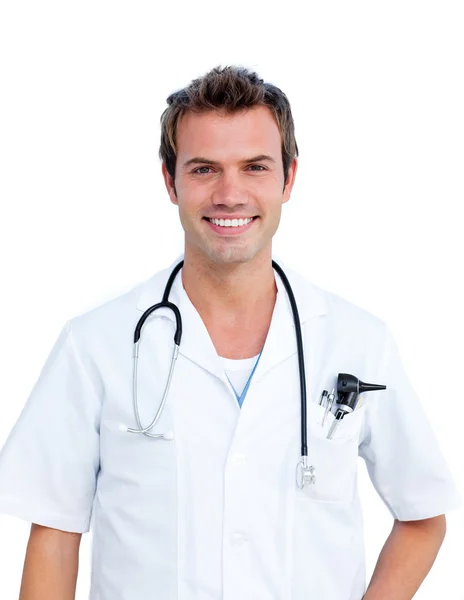 Portret van een jonge mannelijke arts houden een stethoscoop — Stockfoto