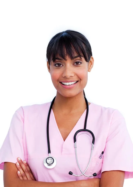 Portret van een etnische verpleegster houden een stethoscoop — Stockfoto