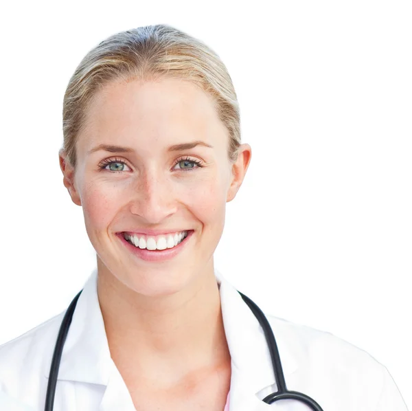 Porträtt av blond läkare håller ett stetoskop — Stockfoto