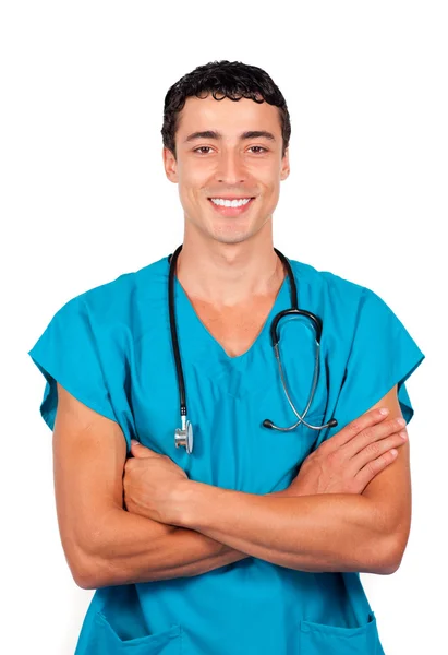 Jistý lékař drží stetoskop — Stock fotografie