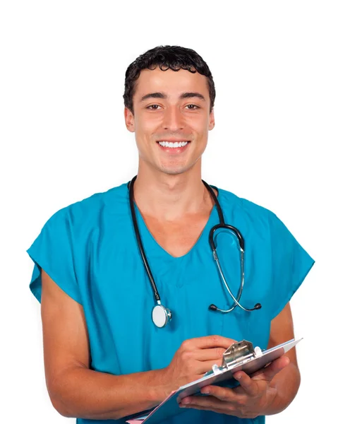 Доверчивый врач держит стетоскоп — стоковое фото