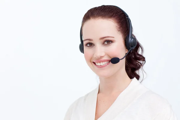 Atractiva mujer de negocios con auriculares —  Fotos de Stock