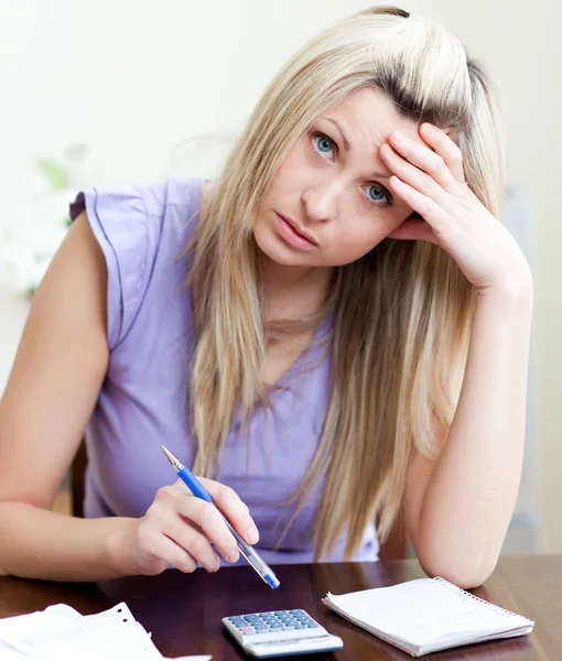 Stressed woman having financial problems — Stock Photo, Image