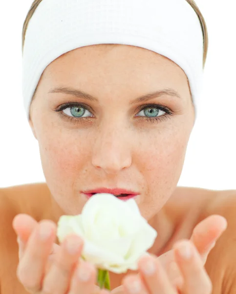 Radiant woman holding a white rose — Stock Photo, Image