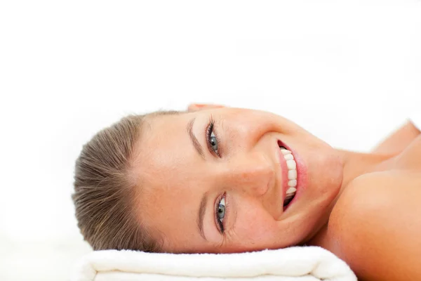 Portrait of cheerful woman relaxing after a spa treatment — Stock Photo, Image
