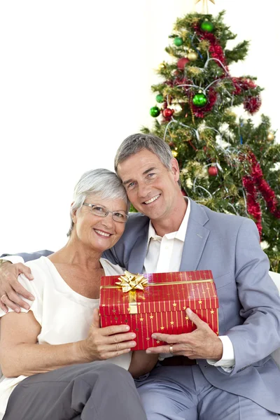 Starszy para trzymając świąteczny prezent — Zdjęcie stockowe