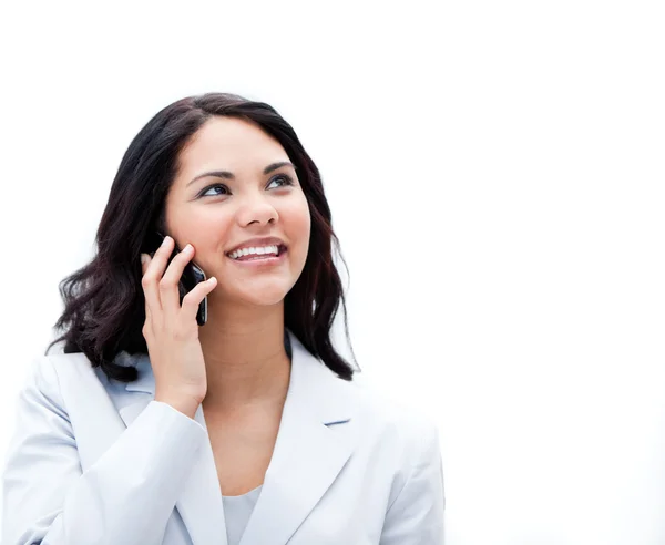 Portrait of an positive businesswoman talking on phone — Stock Photo, Image