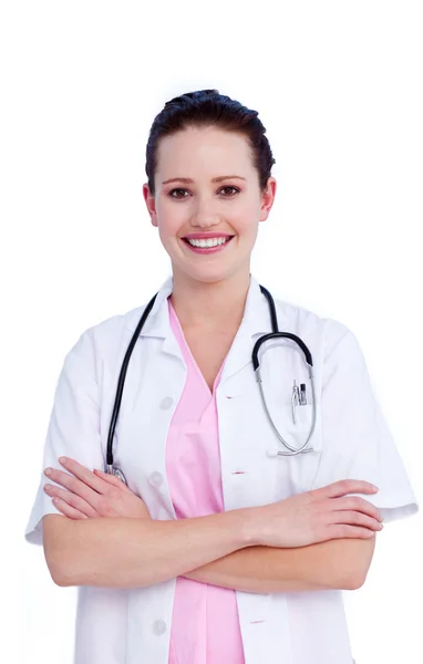 Portrait of a joyful female doctor holding a stethoscope Royalty Free Stock Photos