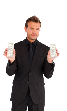 Handsome businessman with bundle of money clipart